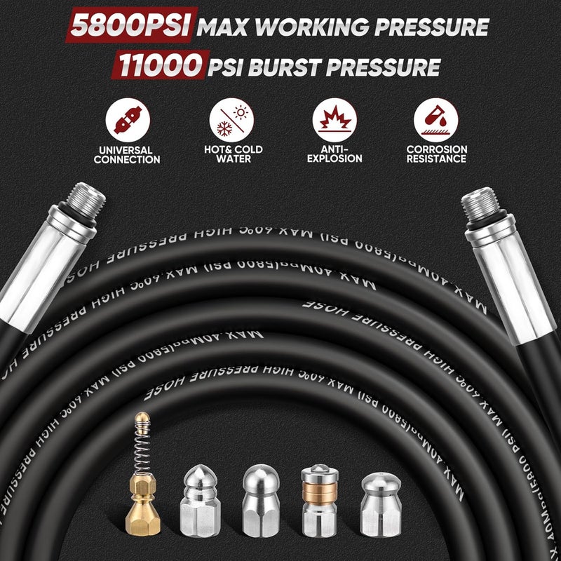 Ampvolts 50FT Sewer Jetter Kit for Pressure Washer, 5800 PSI Drain Cleaning Hose with 5 Jet Nozzles & 2 Adapters, Compatible with Spray Guns and Power Washers, Ideal for Clogged Pipes and Drains - Image 2
